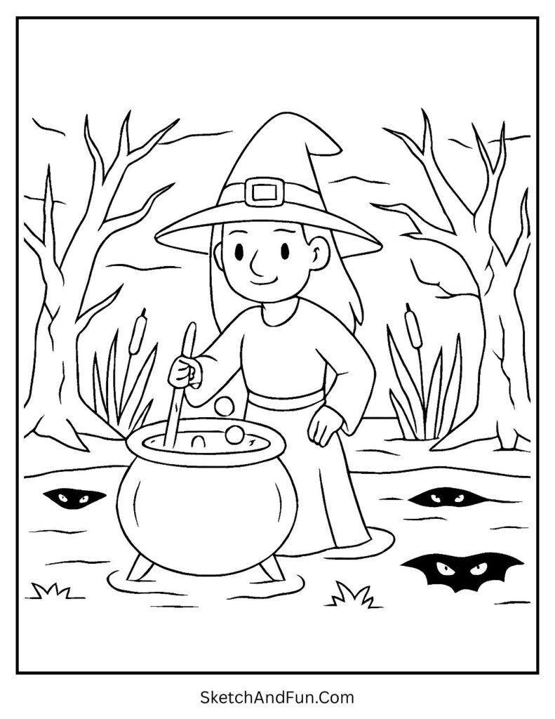 Witch at the Scary Swamp Coloring Page pdf