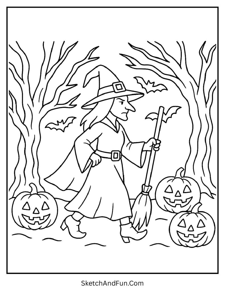 Witch in a Haunted Forest Coloring Page pdf