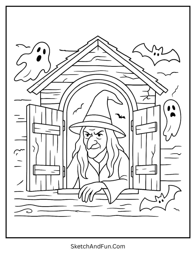 Witch in a Haunted House Window Coloring Page 1 pdf