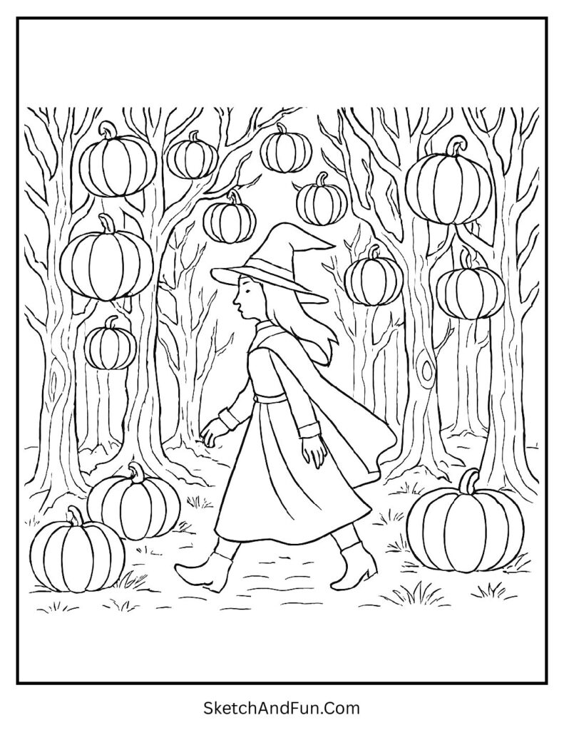 Witch in a Pumpkin Forest Coloring Page pdf