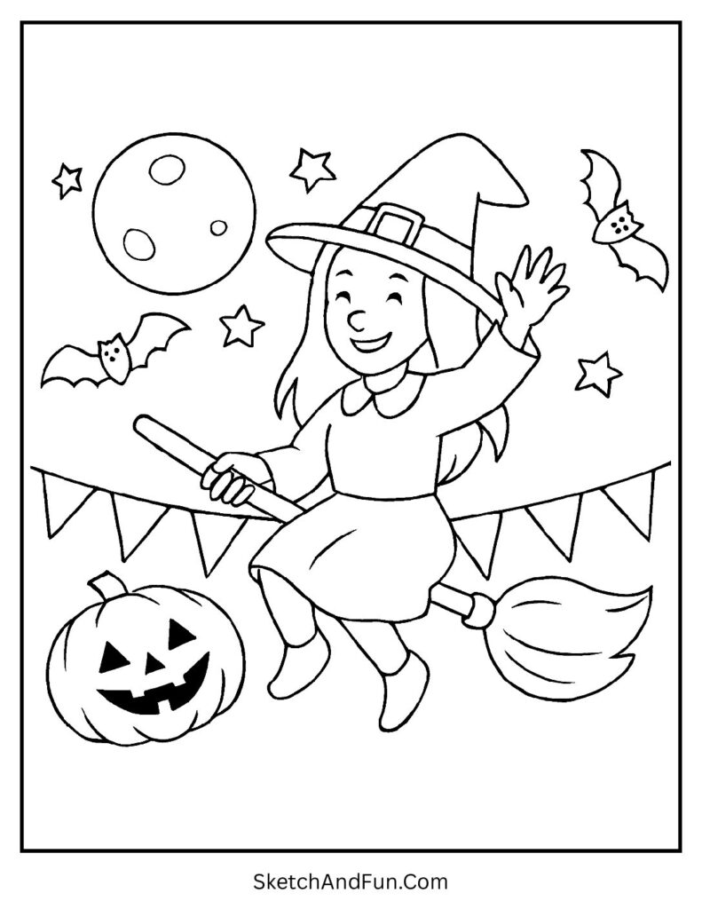 Witch on Halloween Night Parade Coloring Page pdf