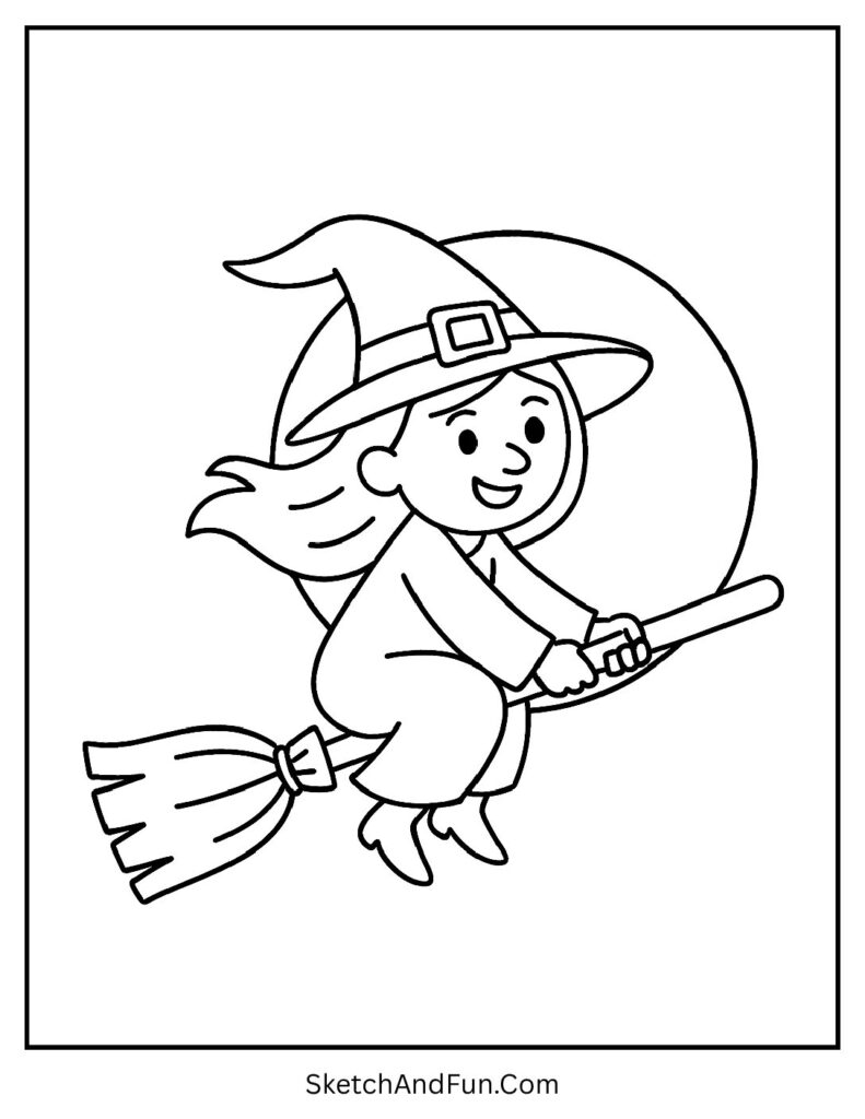 A witch flying on her broomstick at night – witch coloring pages