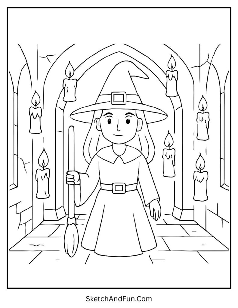 Witch with Floating Candles Coloring Page pdf