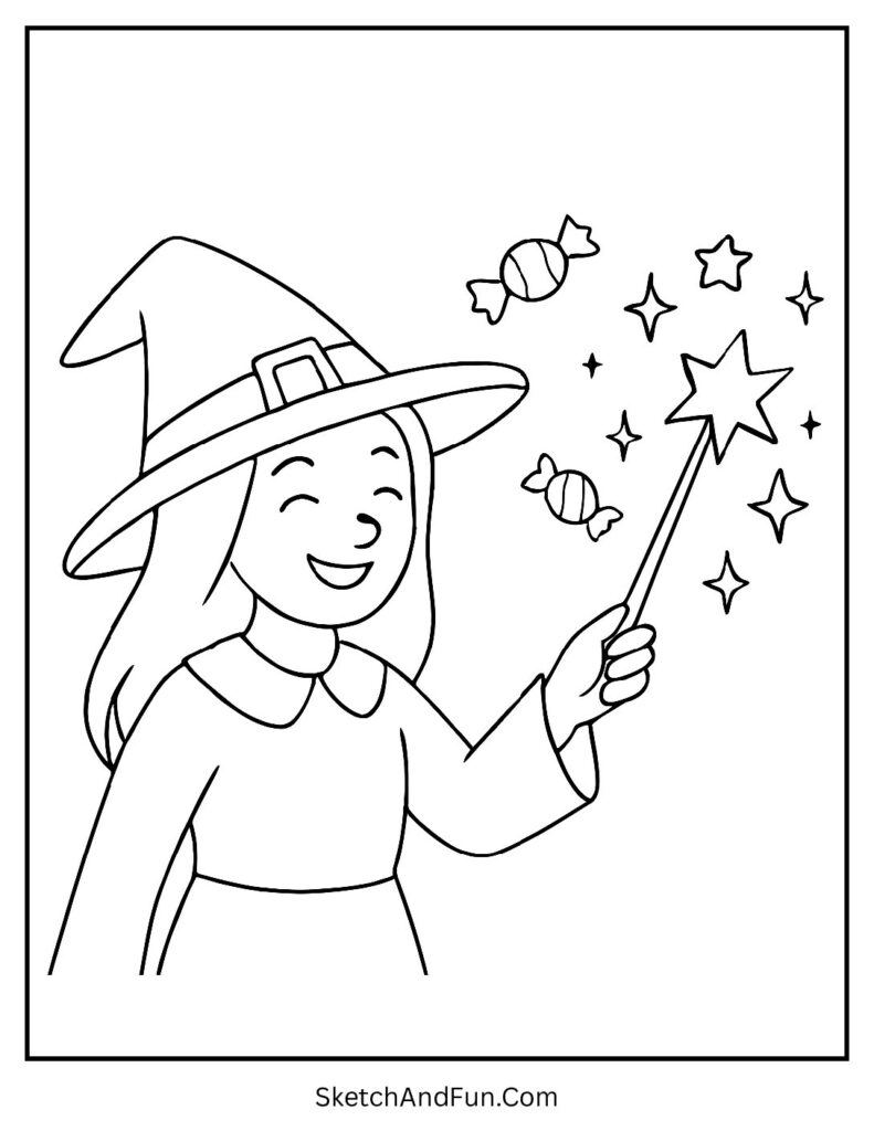 Witch with Her Magic Wand Coloring Page pdf
