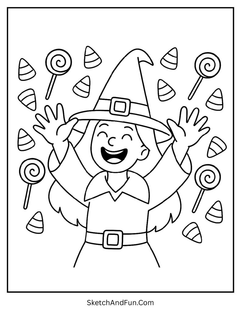 Witch with Magical Candy Rain Coloring Page pdf