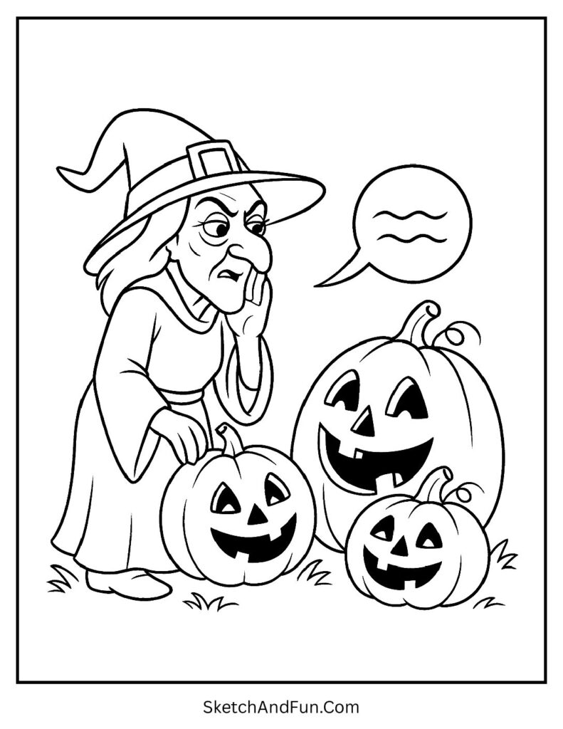 Witch with Talking Pumpkins Coloring Page pdf