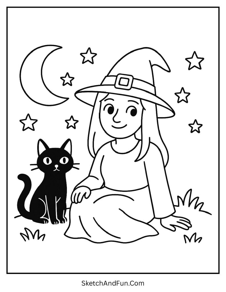 Witch with a Black Cat Friend Coloring Page pdf