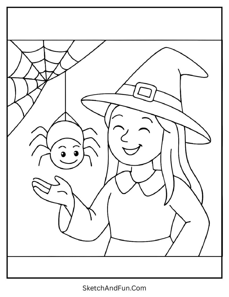 Witch with a Friendly Spider Pumpkin Coloring Page pdf