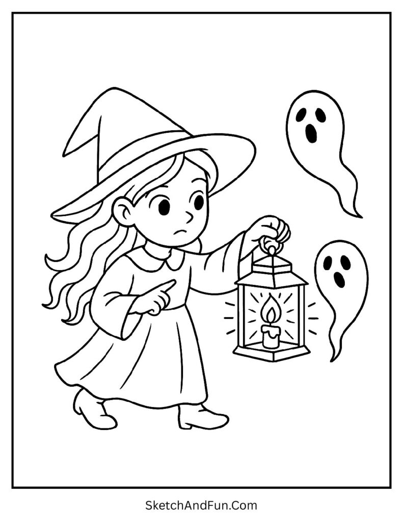 Witch with a Pointy Hat and Lantern Coloring Page pdf