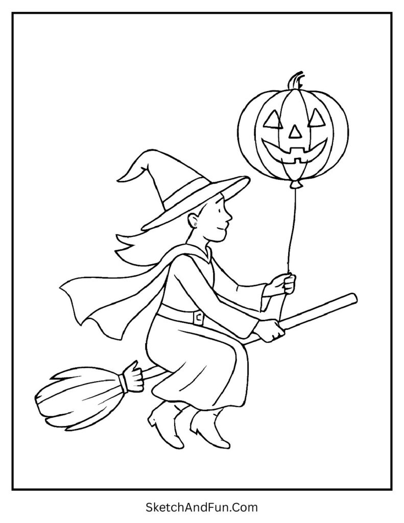 Witch with a Pumpkin Balloon Coloring Page pdf