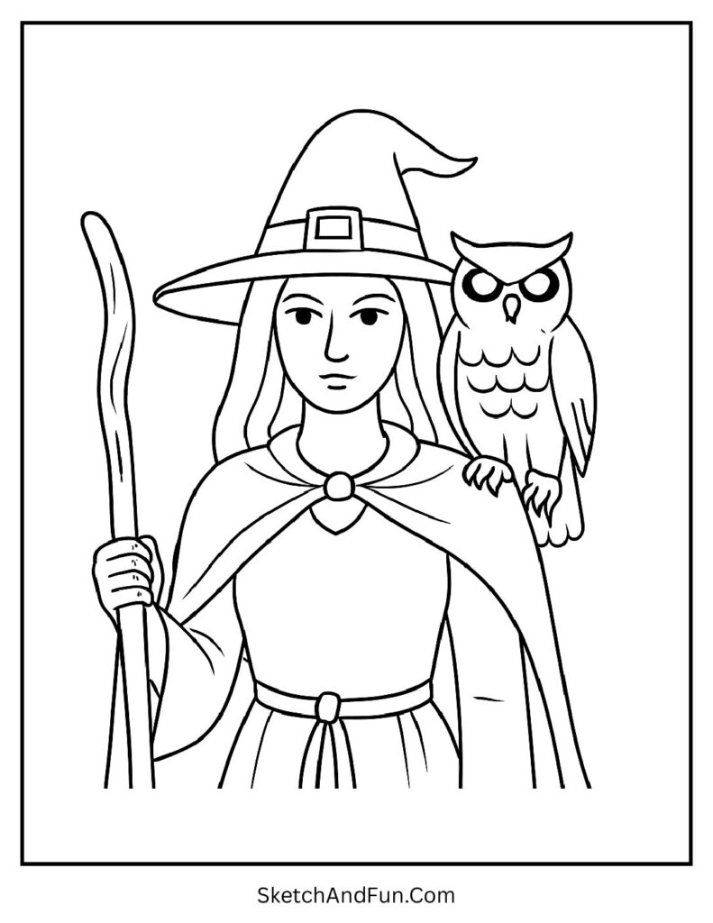Witch with a Spooky Owl Coloring Page pdf
