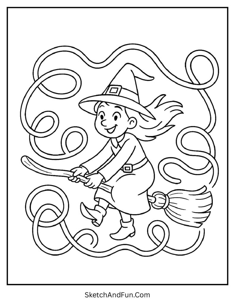 Witch with a Trick Broomstick Coloring Page pdf