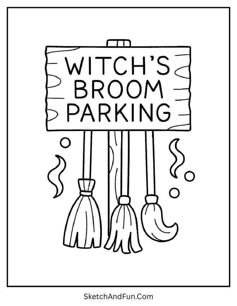 A signpost for parked witch brooms – Halloween themed coloring pages