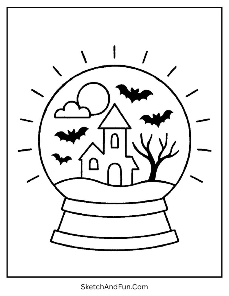 A crystal ball showing a haunted vision – magic Halloween coloring pages