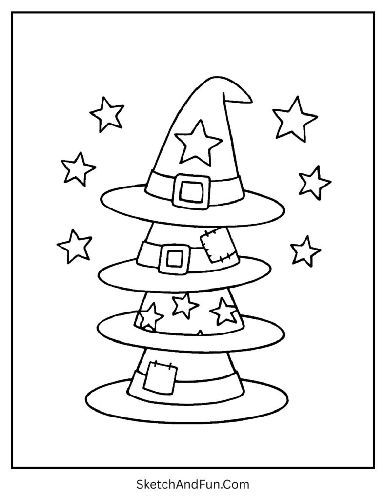 A stack of witch hats with stars and patches – printable Halloween masks to color