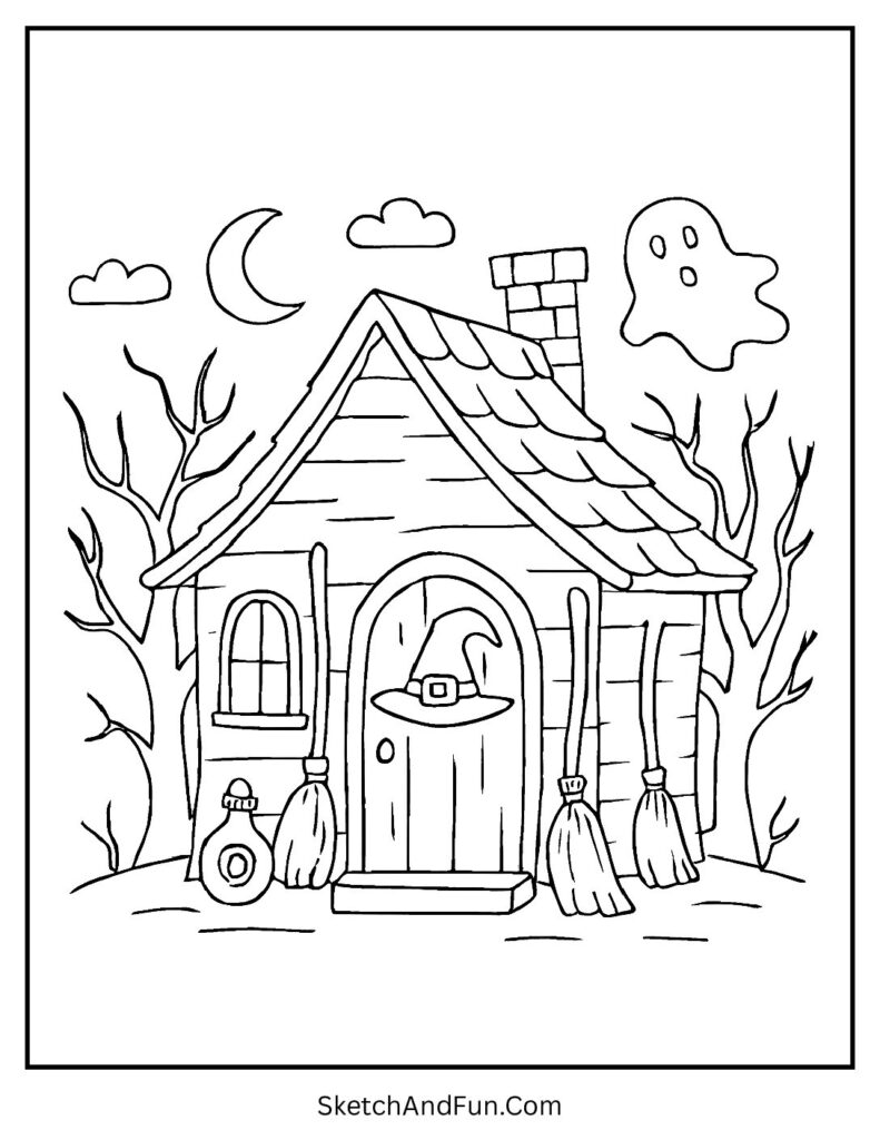 Witch cottage in haunted house printable coloring sheet.