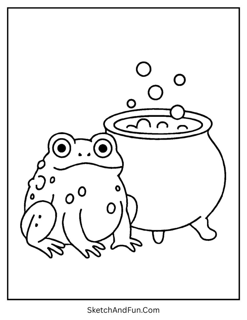 A witch’s pet frog sitting by a cauldron – Halloween gnome coloring pages