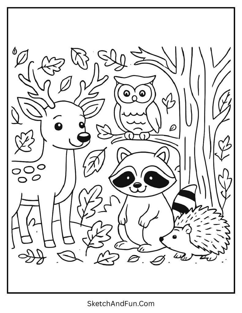 Fall coloring pages with animals like raccoons, owls, and deer in a peaceful forest