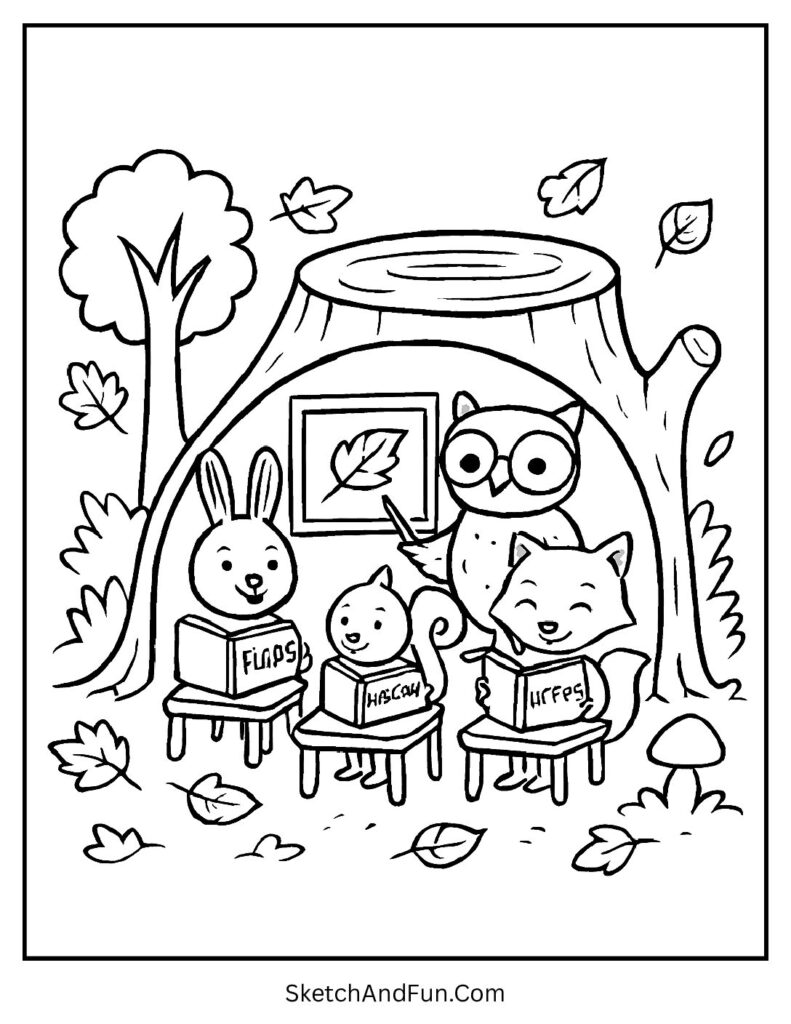 Fall coloring pages for preschool with animals learning in a forest classroom