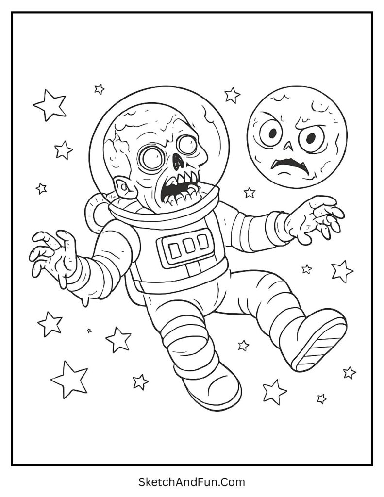 Astronaut zombie in space – zombie coloring page pdf with cracked helmet.