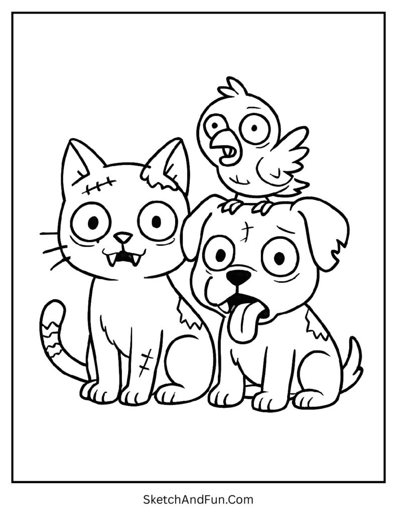 Funny zombie pets cat dog and bird – baby zombie coloring pages option.