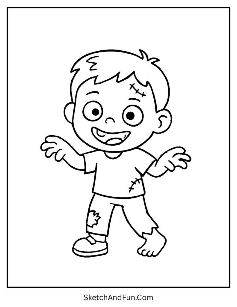 A smiling zombie kid with messy clothes – zombie Halloween coloring pages
