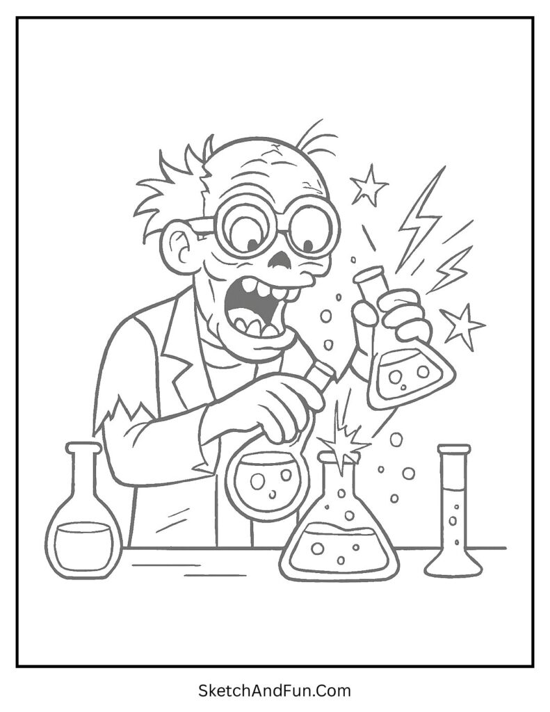 Zombie scientist mixing potions – zombie head coloring page bubbling effects.