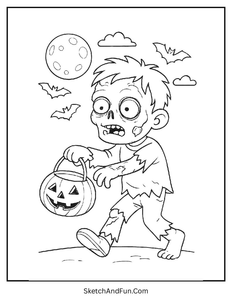 Trick-or-treating zombie holding pumpkin candy bucket – halloween zombie coloring pages.