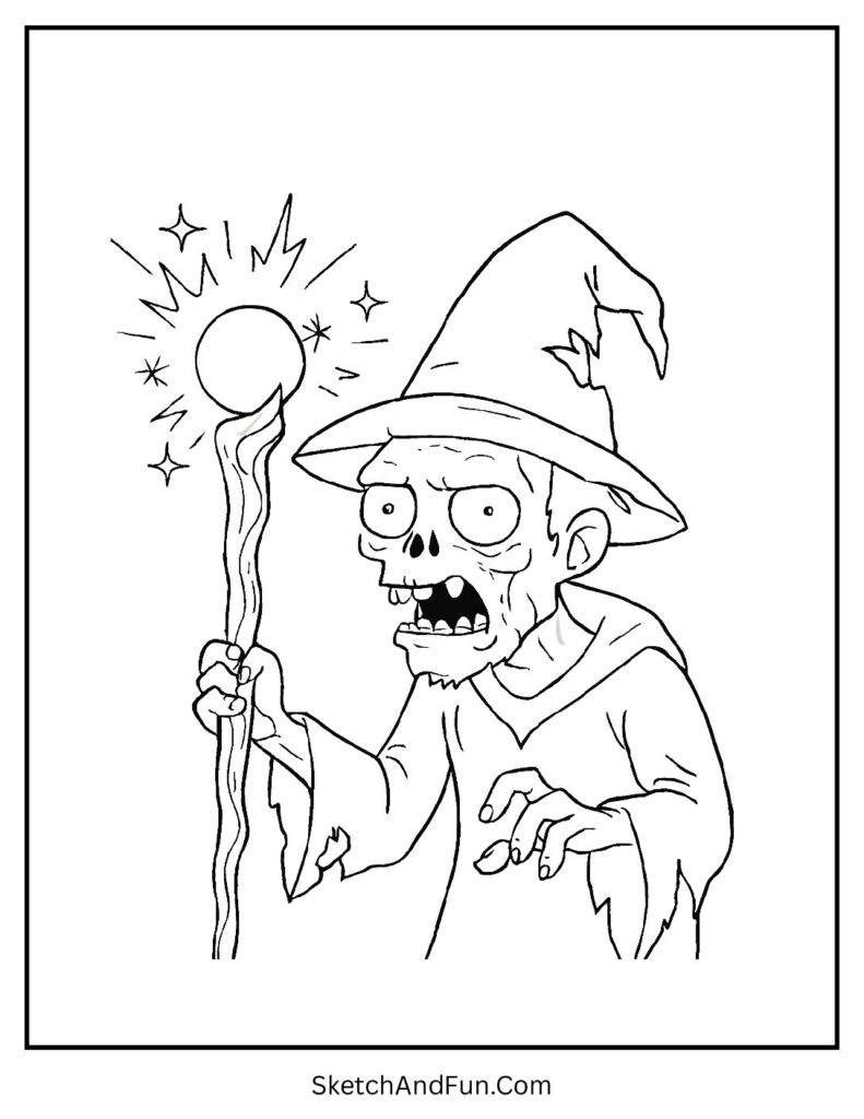 Wizard zombie with glowing staff – free zombie printable pdf download for parties.