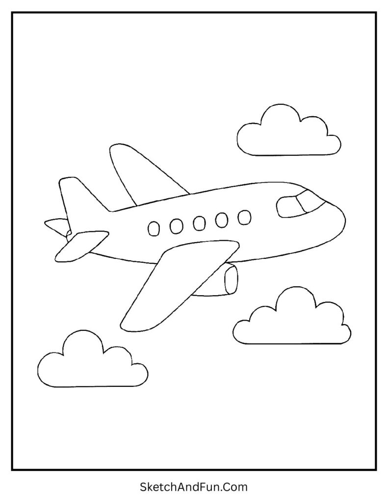 Airplane flying with clouds added to easy alphabet coloring pages.