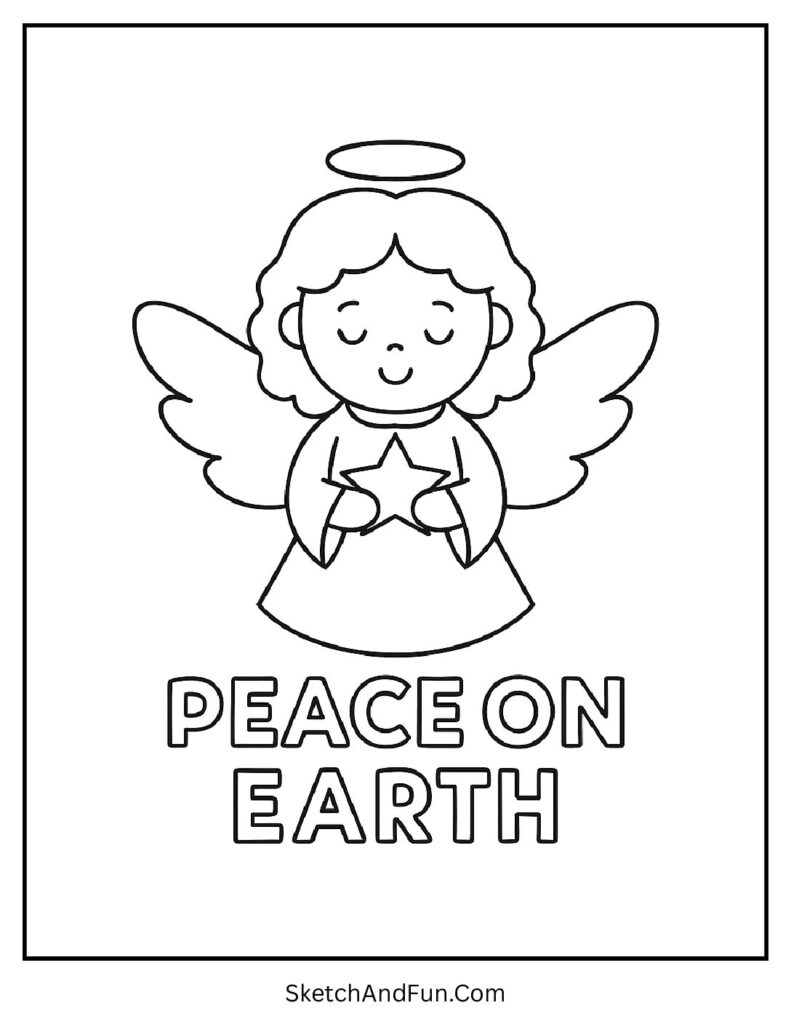 Religious Christmas coloring pages angel with Peace on Earth star