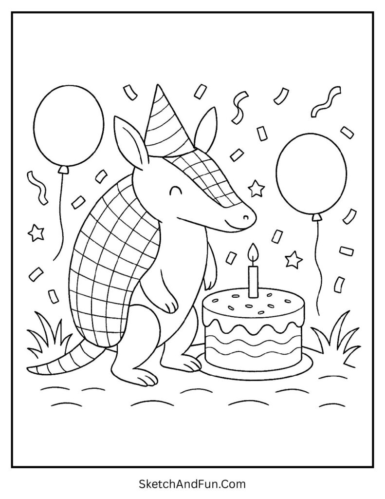 Armadillo birthday party with balloons – armadillo coloring pages for toddlers full of joy.