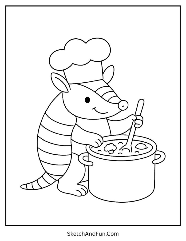 Armadillo wearing chef’s hat stirring soup – armadillo coloring pages easy for little hands.