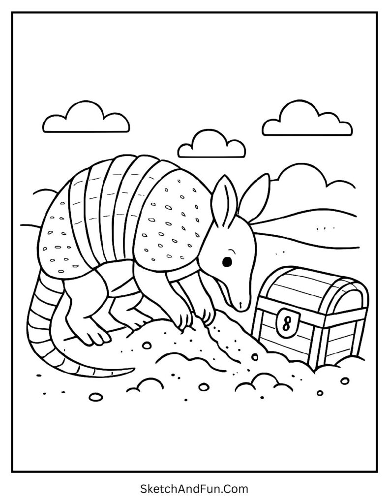 Armadillo finding treasure chest in sand – armadillo coloring activity sheet for explorers.