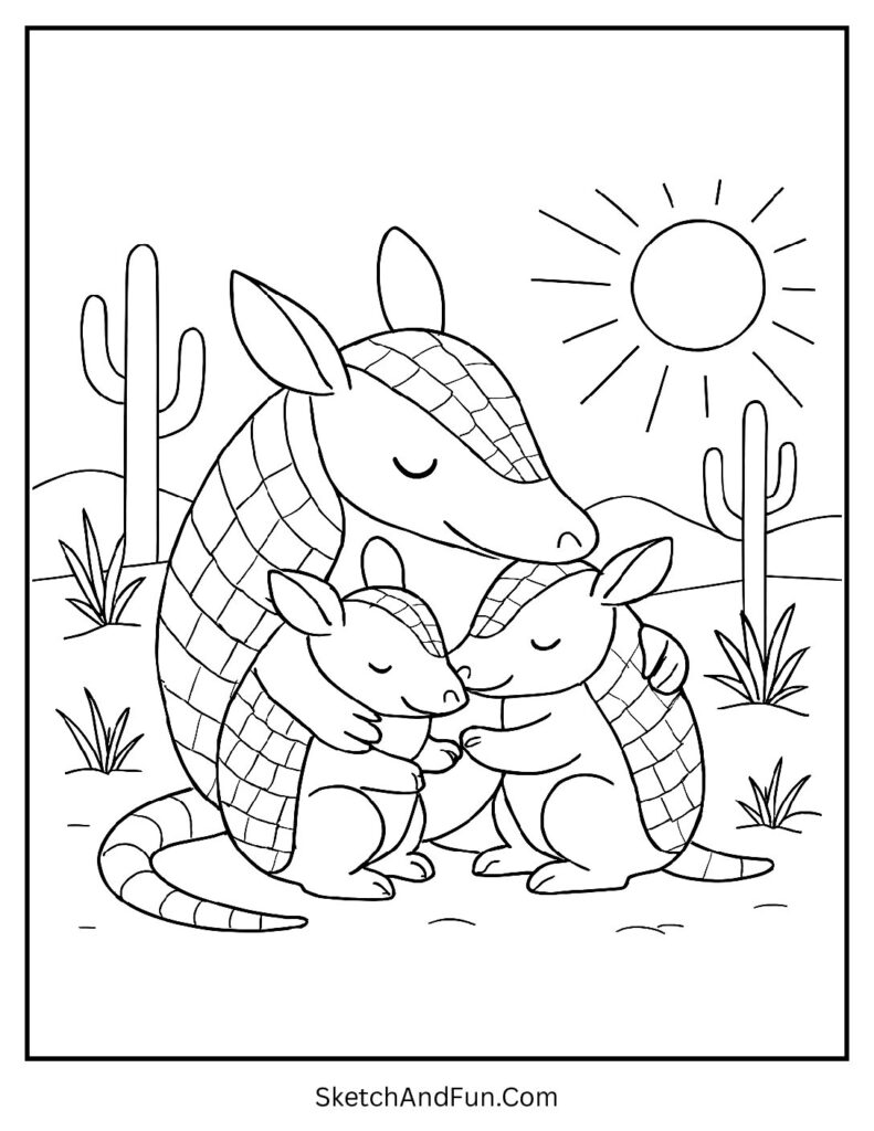 Mother armadillo hugging babies in desert – desert armadillo coloring page with warmth.