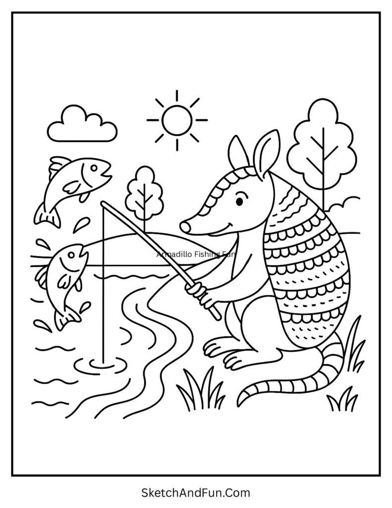 Armadillo fishing by river with fish – armadillo coloring sheet pdf for quiet evenings.