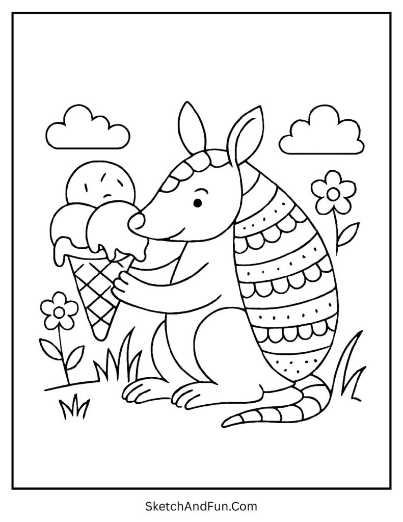 Armadillo enjoying ice cream outdoors – armadillo coloring sheet free for summer fun.