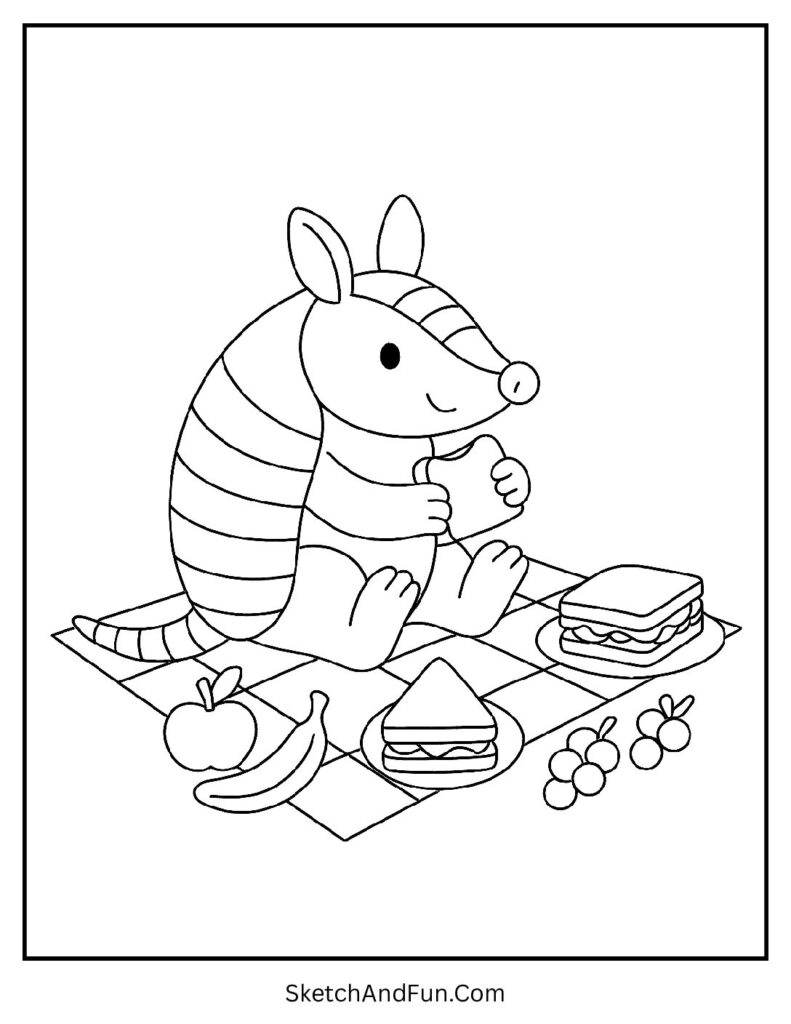 Armadillo sitting on picnic blanket with snacks – armadillo coloring pages for kids outdoor fun.