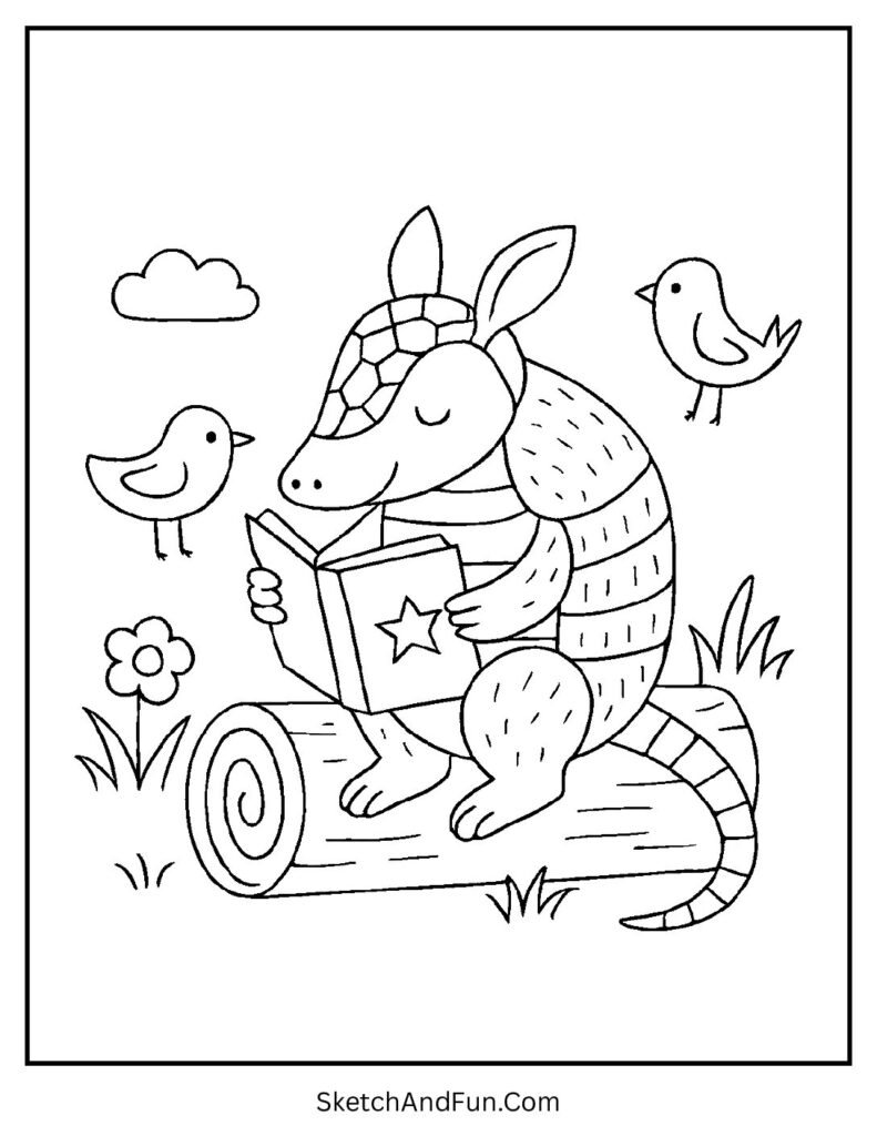 Armadillo reading on a log with birds – educational armadillo coloring page for story time.