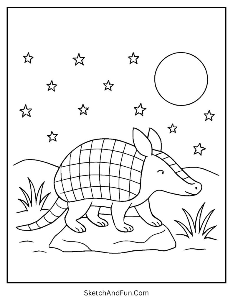 Armadillo walking under moon and stars – armadillo outline coloring page peaceful night.