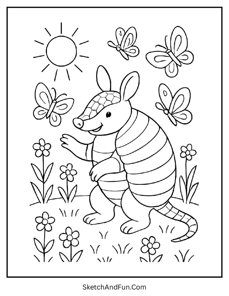 Armadillo with butterflies in sunny field – cute armadillo coloring pages for happy coloring.