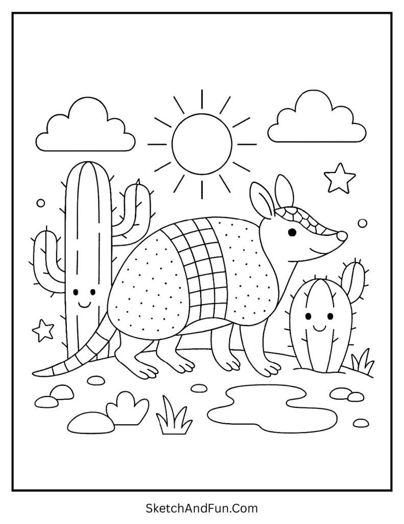 Armadillo beside smiling cacti in sun – nine-banded armadillo coloring page desert vibes.