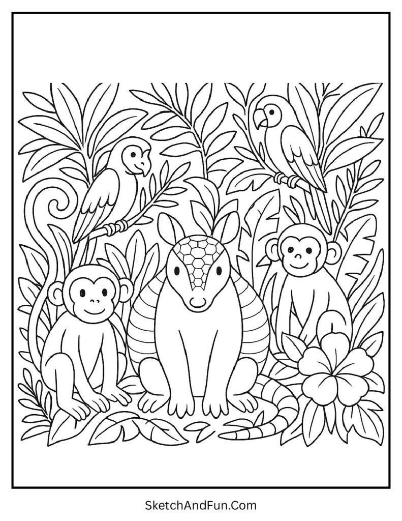 Armadillo and Jungle Animals Coloring Page pdf