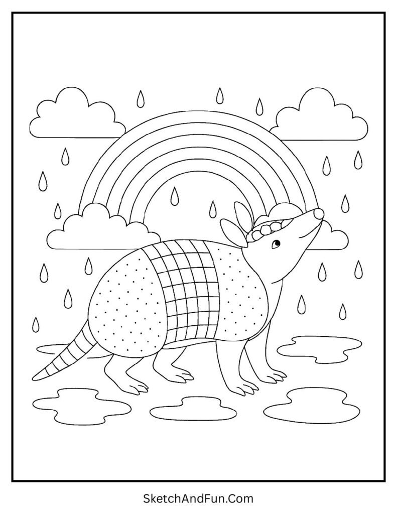 Cheerful armadillo under rainbow with puddles – armadillo coloring pages pdf for rainy days.