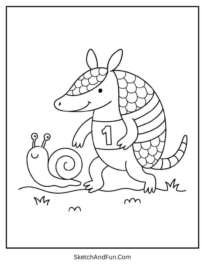 Armadillo racing with snail on track – armadillo coloring sheet for preschool cute race.