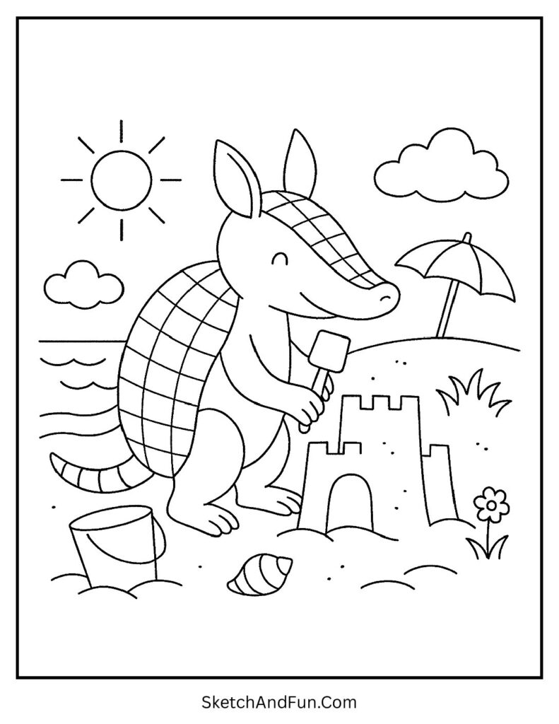 Armadillo making sandcastle at beach – dot to dot armadillo coloring page seaside fun.