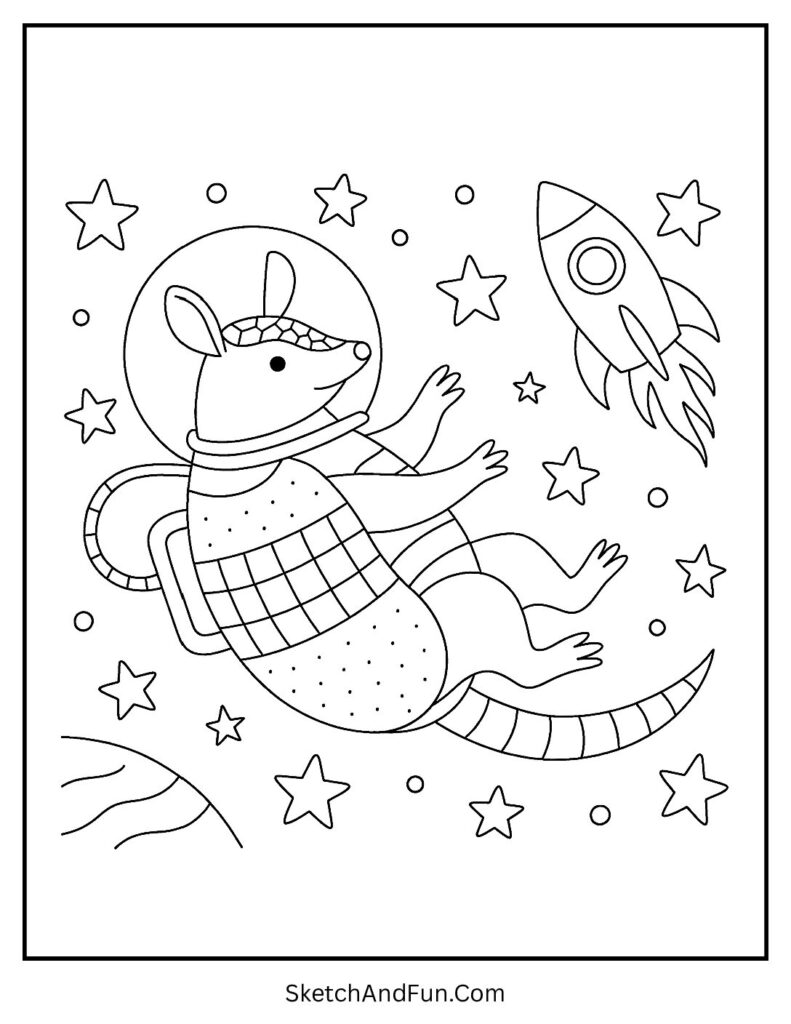 Armadillo floating in space with stars – armadillo coloring pages online for space fans.