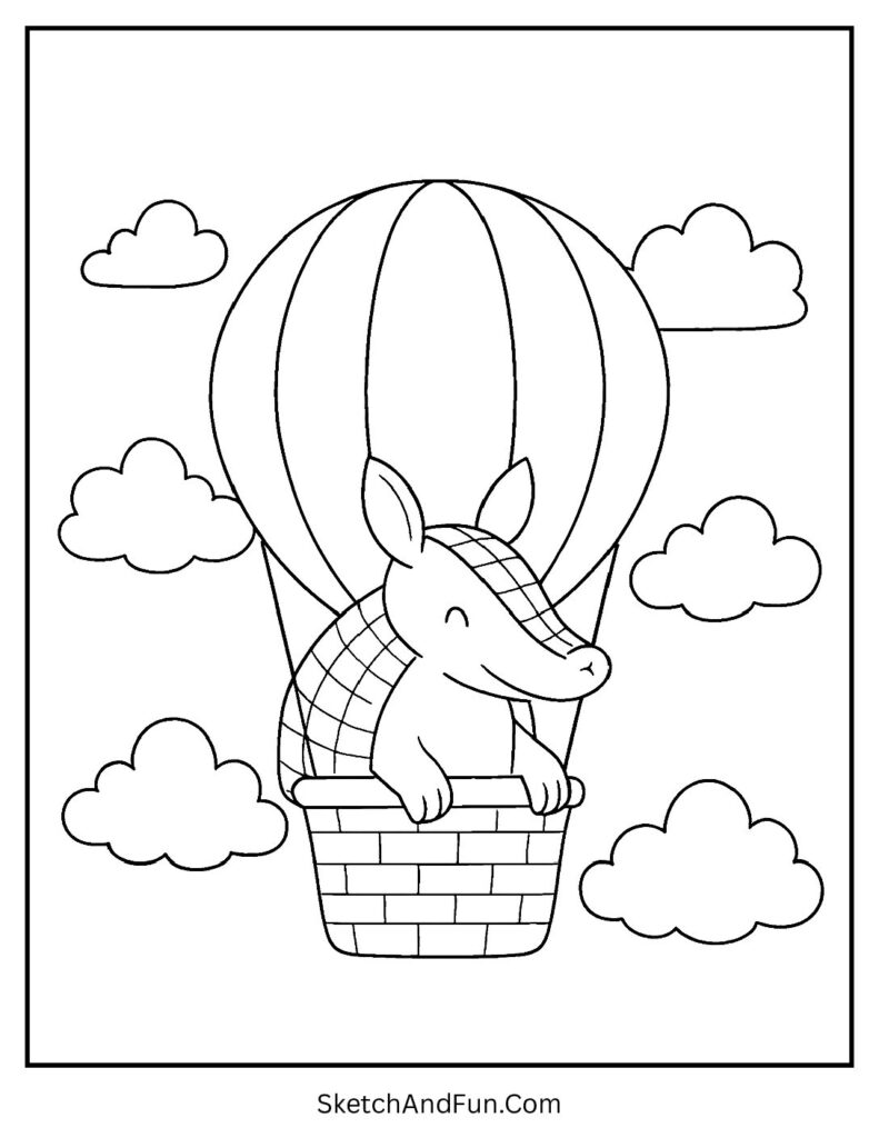 Armadillo in hot air balloon basket – armadillo coloring pages with background travel theme.
