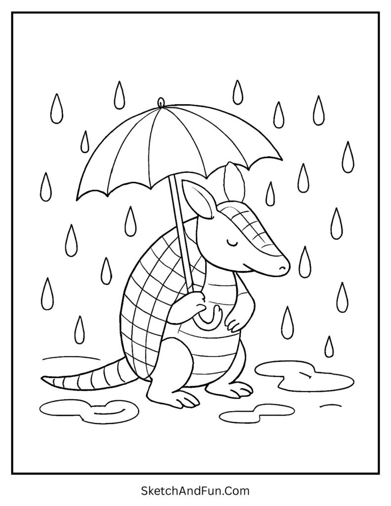 Armadillo holding umbrella in rain – simple armadillo coloring page for rainy afternoon.