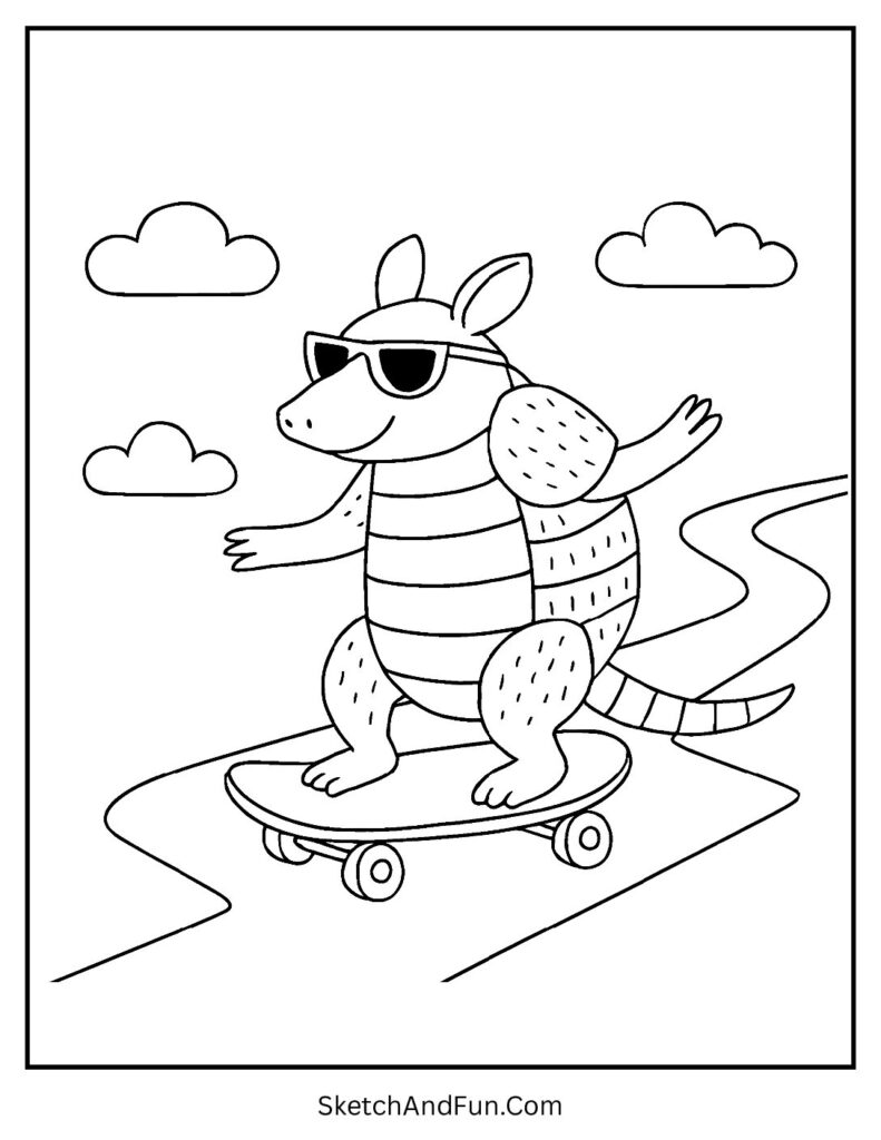 Sporty armadillo riding skateboard on path – cartoon armadillo coloring page for playful fun.